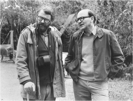 Karel Reisz (left) and John Fowles on the set of The French Lieutenant's Woman