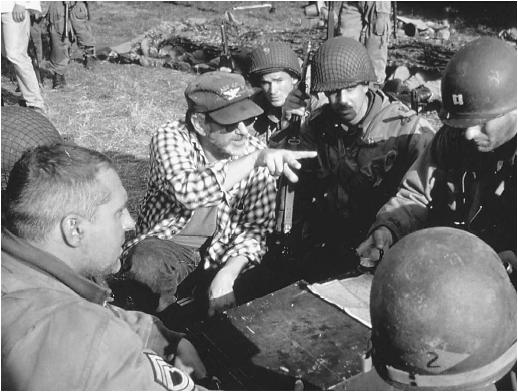 Steven Spielberg (second from left) on the set of Saving Private Ryan