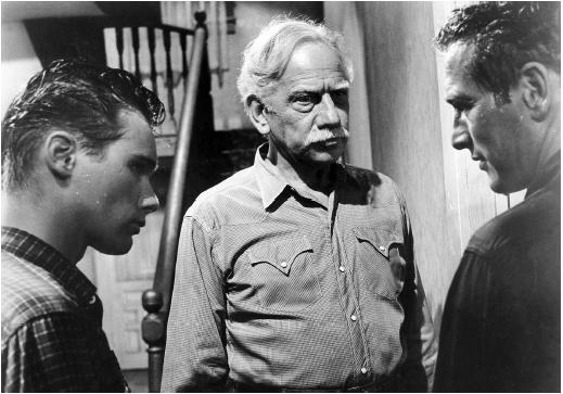 Melvyn Douglas (center) with Brandon DeWilde and Paul Newman (right) in Hud