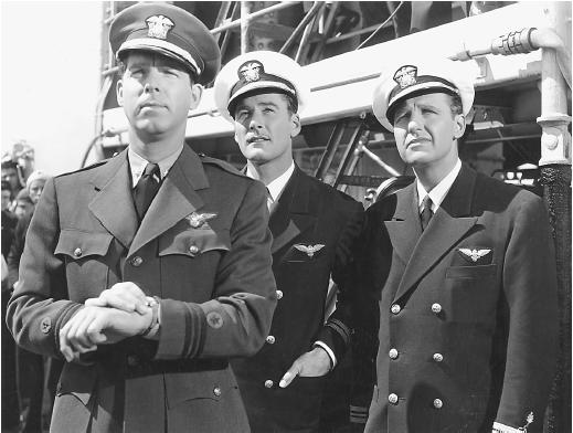 Fred MacMurray (left) with Errol Flynn and Ralph Bellamy (right) in Dive Bomber