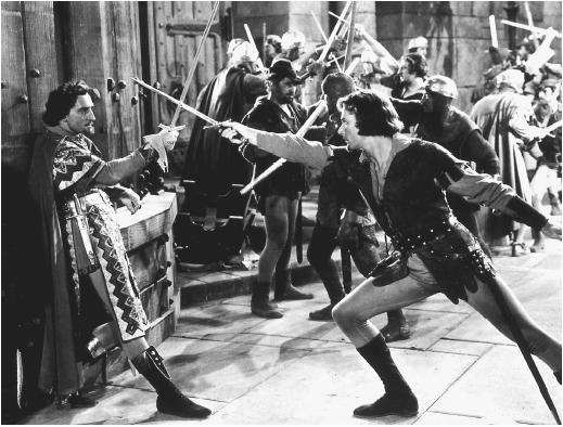 Basil Rathbone (left) and Errol Flynn (right) in The Adventures of Robin Hood