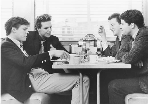(From left) Kevin Bacon, Mickey Rourke, Daniel Stern, and Timothy Daly in Diner