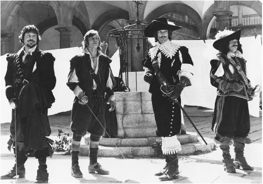 Michael York (second from left), Oliver Reed, Richard Chamberlain and Frank Finlay in The Three Musketeers